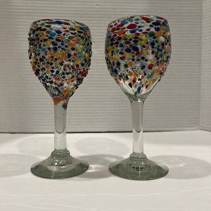 Hand Blown Glass Confetti Blue Base Wine Glass Set Of 2 Made In Mexico 7.75”